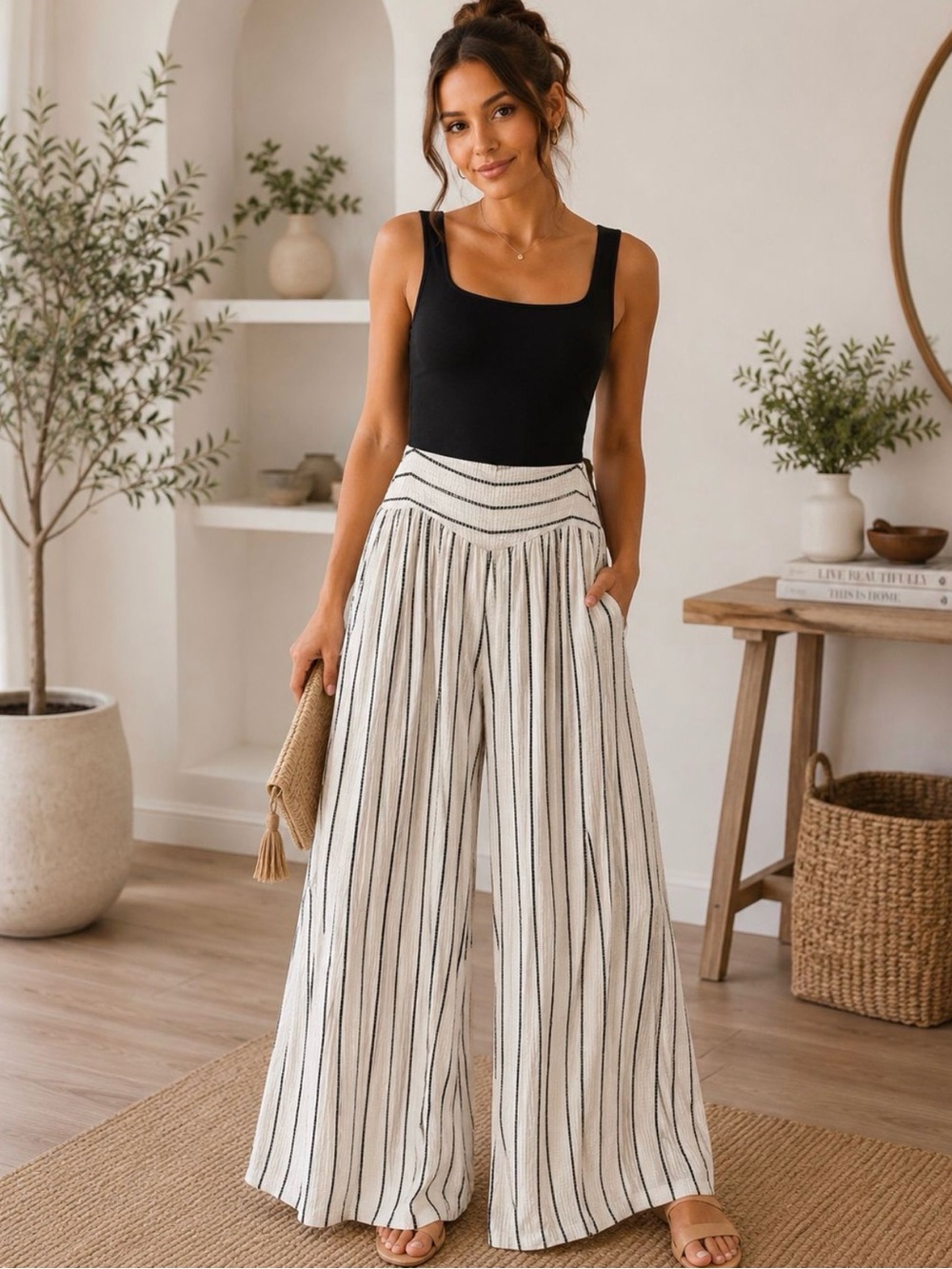 Wide Leg Striped High-Waist Palazzo Pants Black & Cream